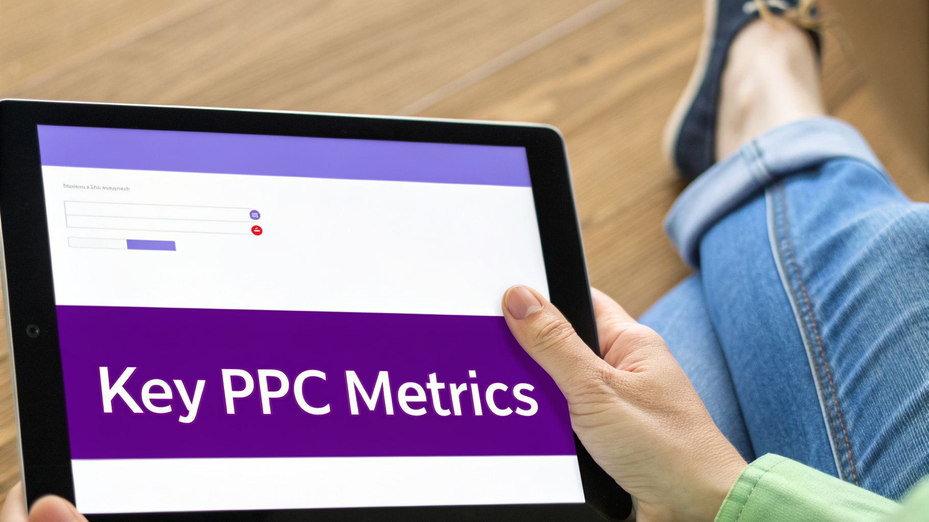 A person holds a tablet displaying 'Key PPC Metrics' on a purple banner, with jeans and a wooden floor background.