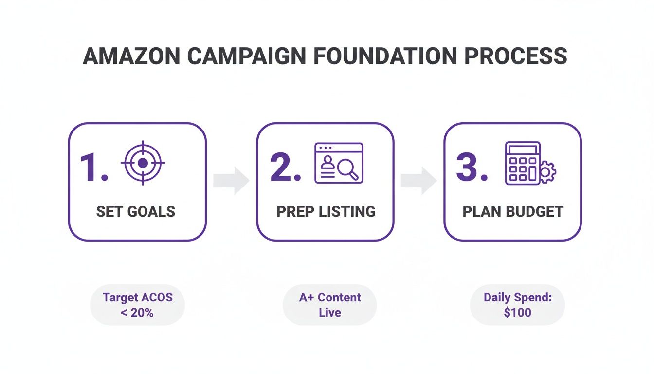 A three-step Amazon campaign foundation process: set goals, prep listing, and plan budget.