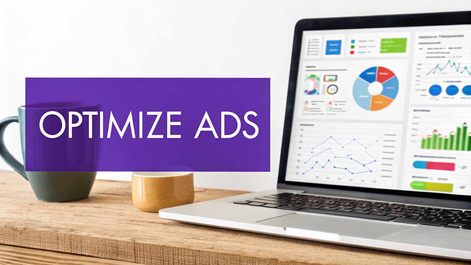 A laptop displays ad performance charts and graphs, next to a purple banner with 'OPTIMIZE ADS' text.