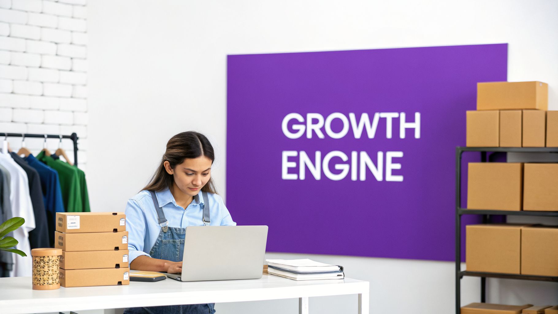 A young woman works on a laptop at a desk with shipping boxes, managing an online store.