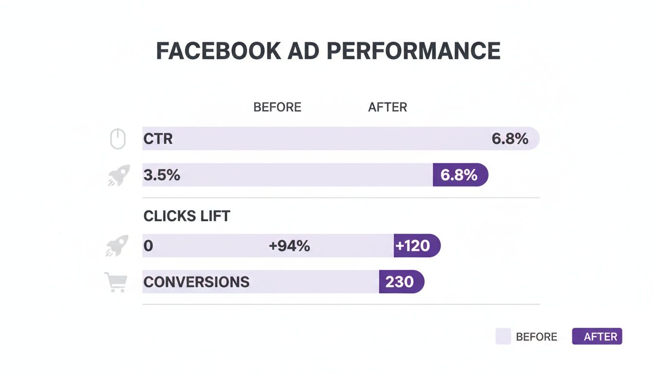 Facebook ad performance comparison showing increases in CTR, clicks, and conversions before and after optimization.