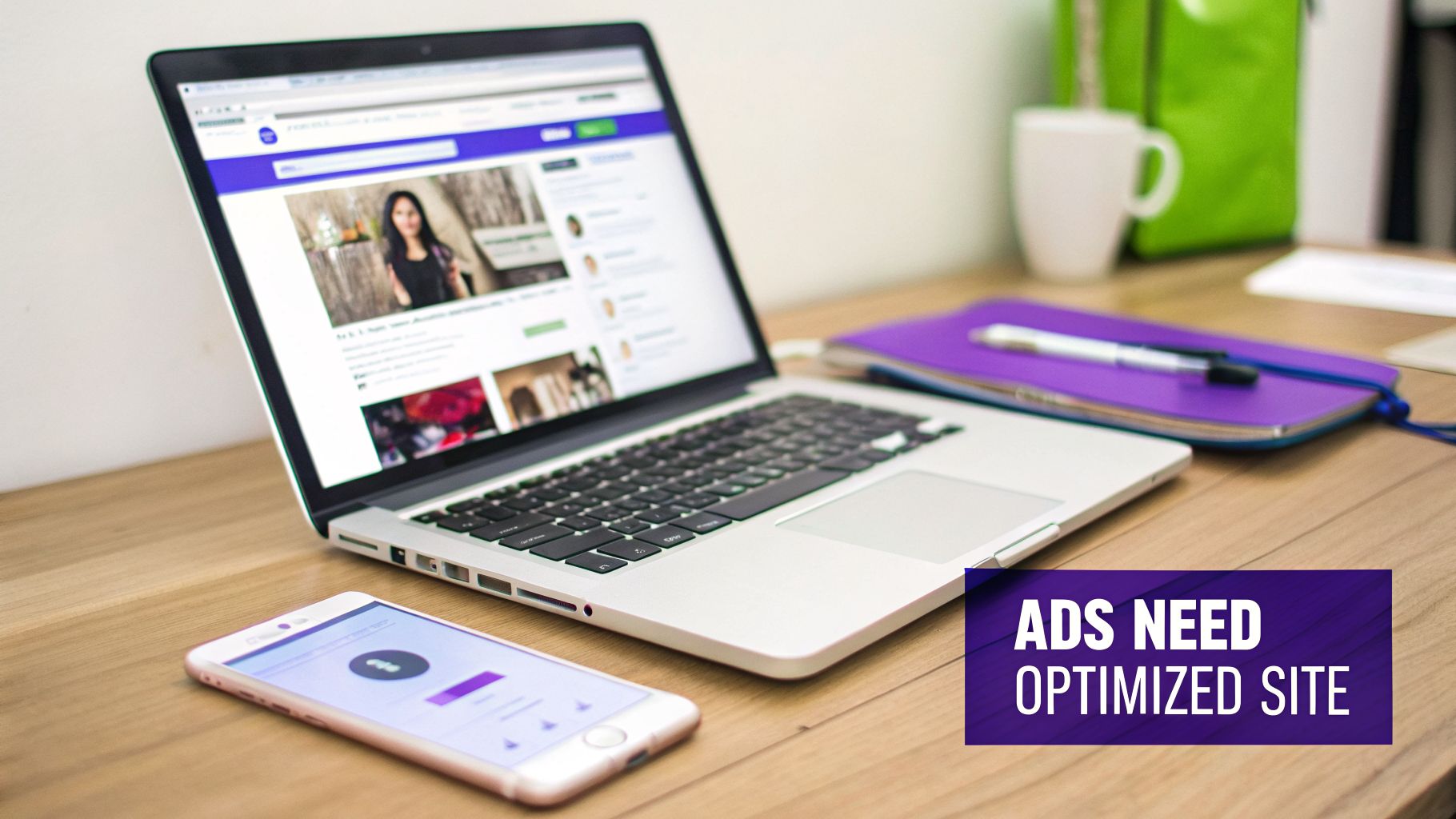 A laptop displays a website with content, a smartphone, and a notebook on a wooden desk. Text overlay: ADS NEED OPTIMIZED SITE.