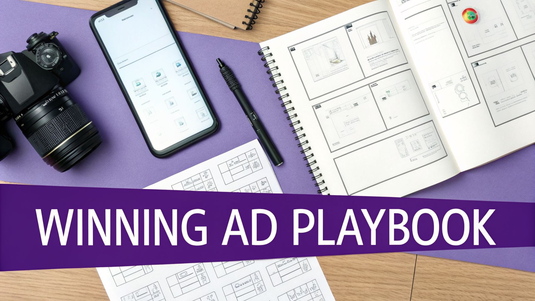 A flat lay of a creative workspace with a camera, smartphone, pen, and open notebooks, with 'WINNING AD PLAYBOOK' text.