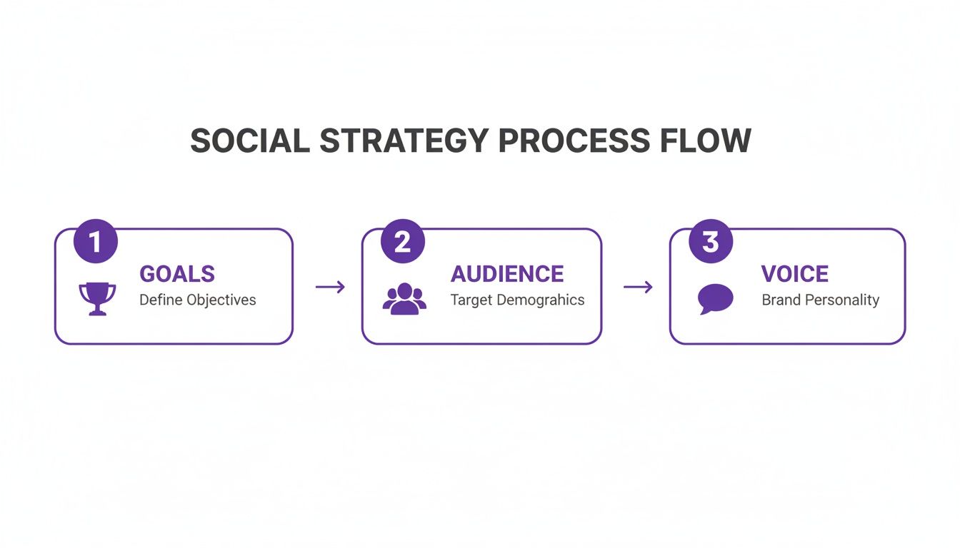A social strategy process flow diagram illustrating three key steps: goals, audience, and brand voice.