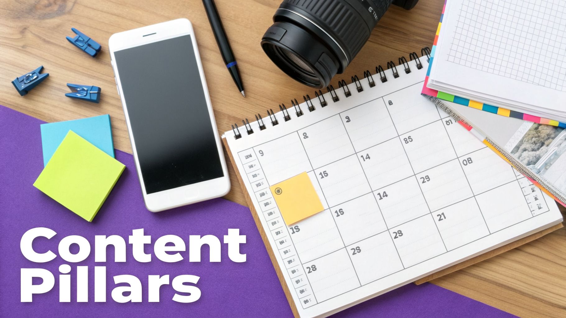 Flat lay of content creation tools: smartphone, camera, pen, calendar, and sticky notes on a desk.