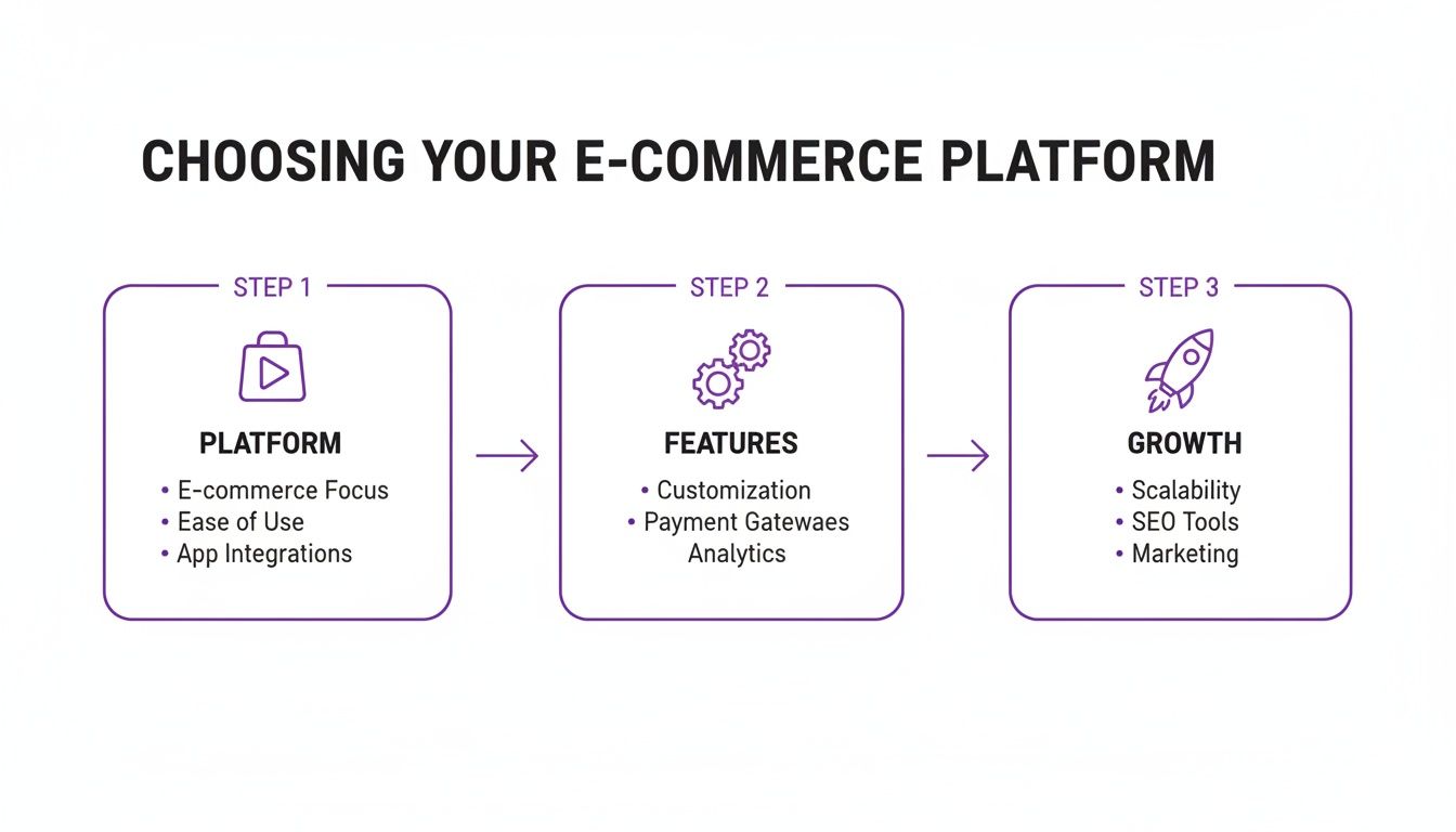 Infographic outlining three steps to choose an e-commerce platform: platform, features, and growth.