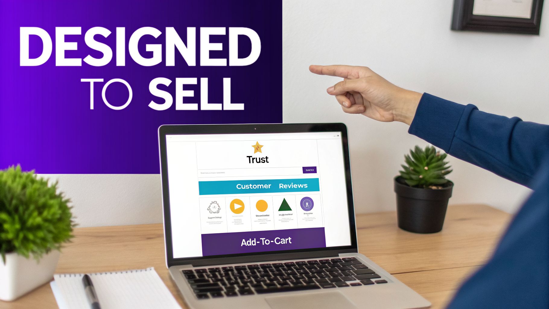 Person pointing at a laptop displaying an e-commerce website with 'Trust' and 'Add-To-Cart' features.
