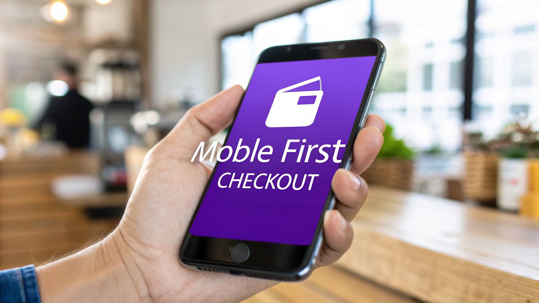 A hand holds a smartphone displaying a 'Mobile First CHECKOUT' screen with a wallet icon.
