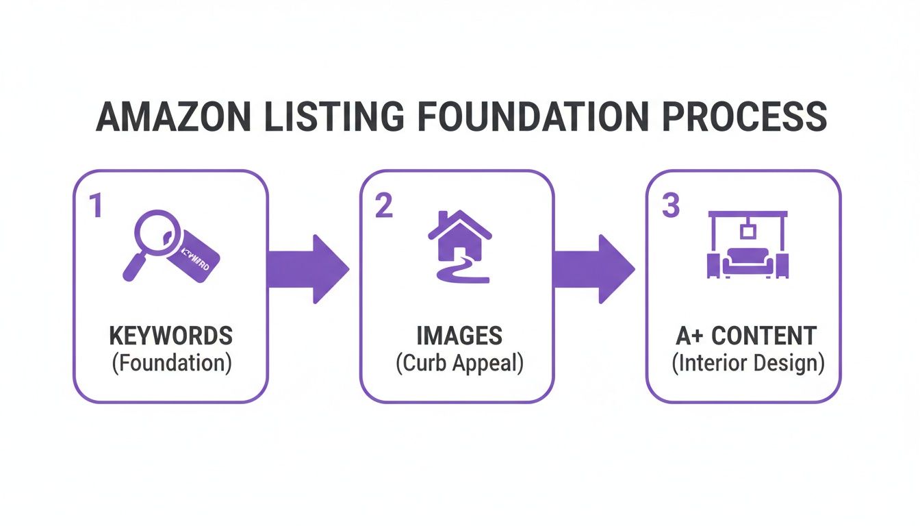 A diagram illustrating the Amazon listing foundation process: Keywords, Images (Curb Appeal), and A+ Content (Interior Design).
