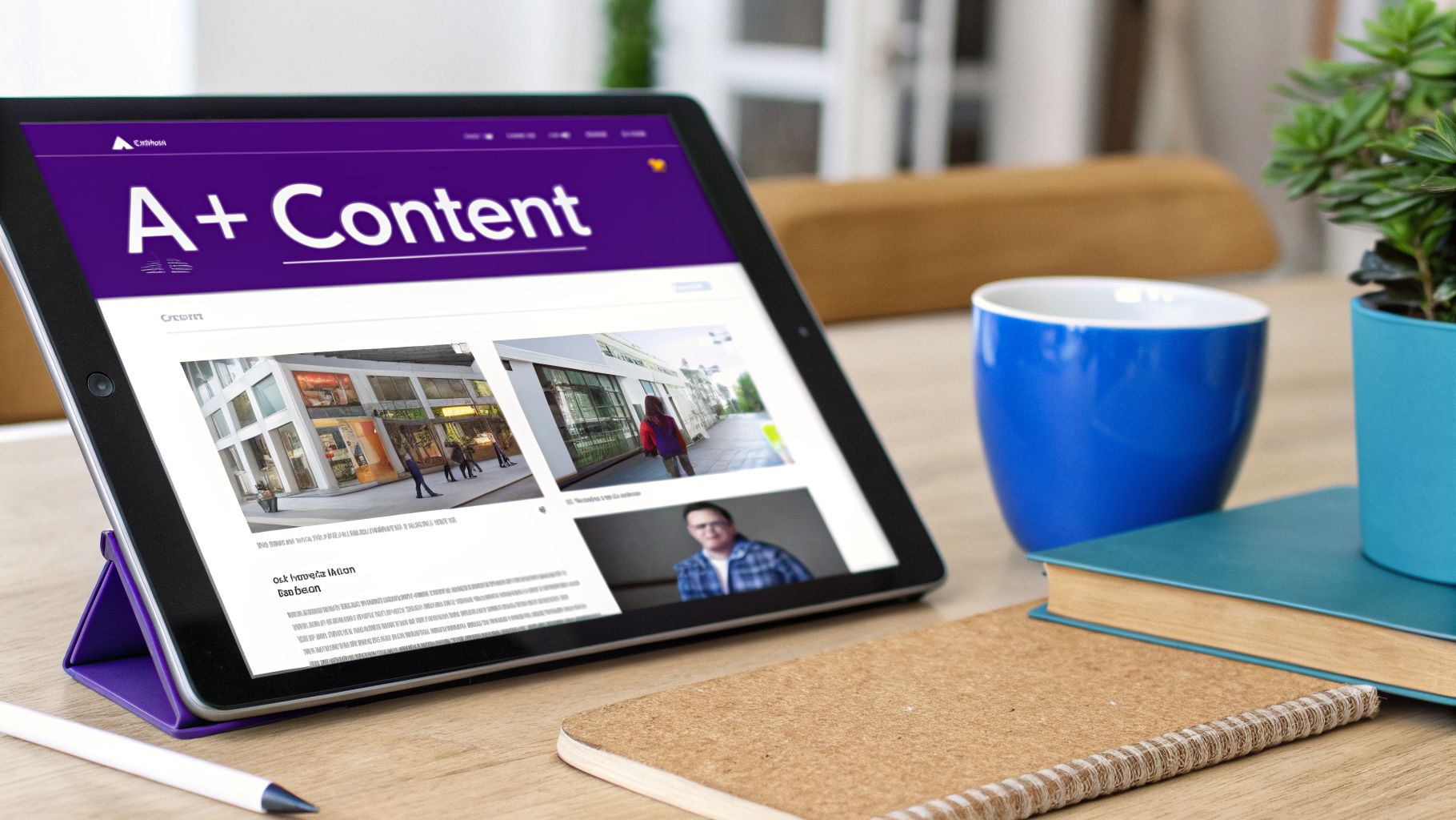 A tablet displays a website titled 'A+ Content' on a wooden table with a blue mug, book, and plant.