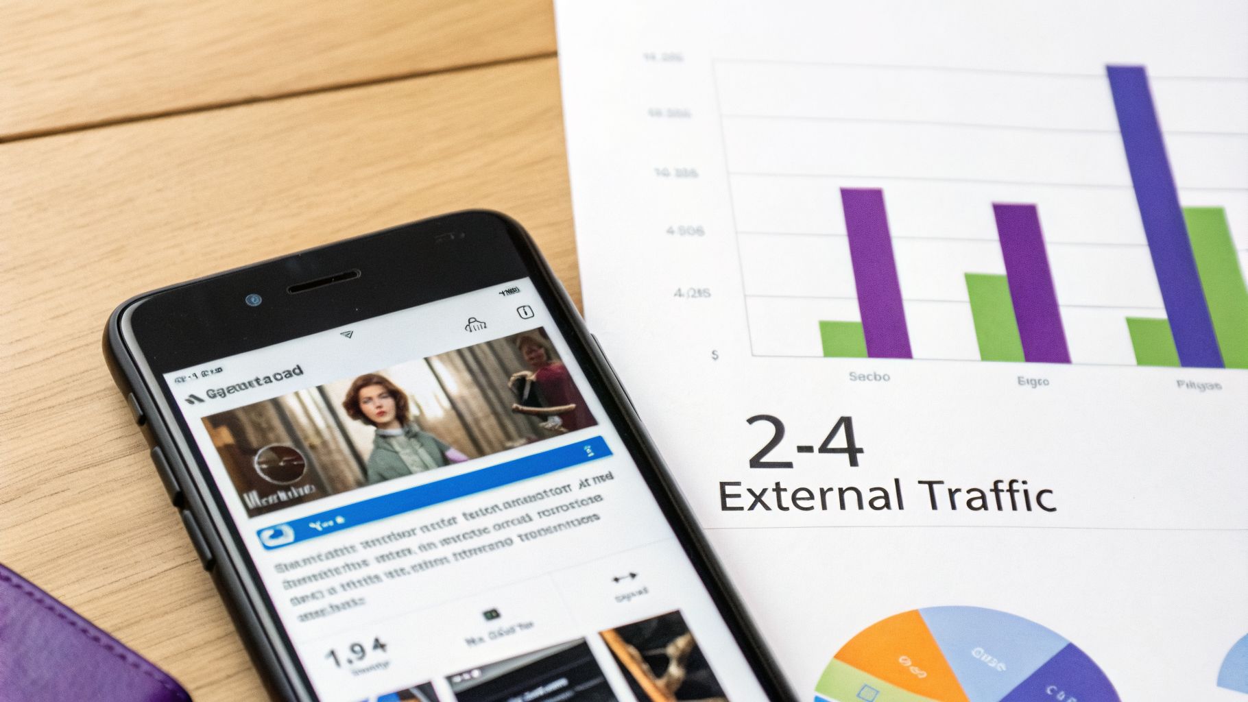 A smartphone displaying content next to a document with marketing charts and external traffic data on a wooden table.