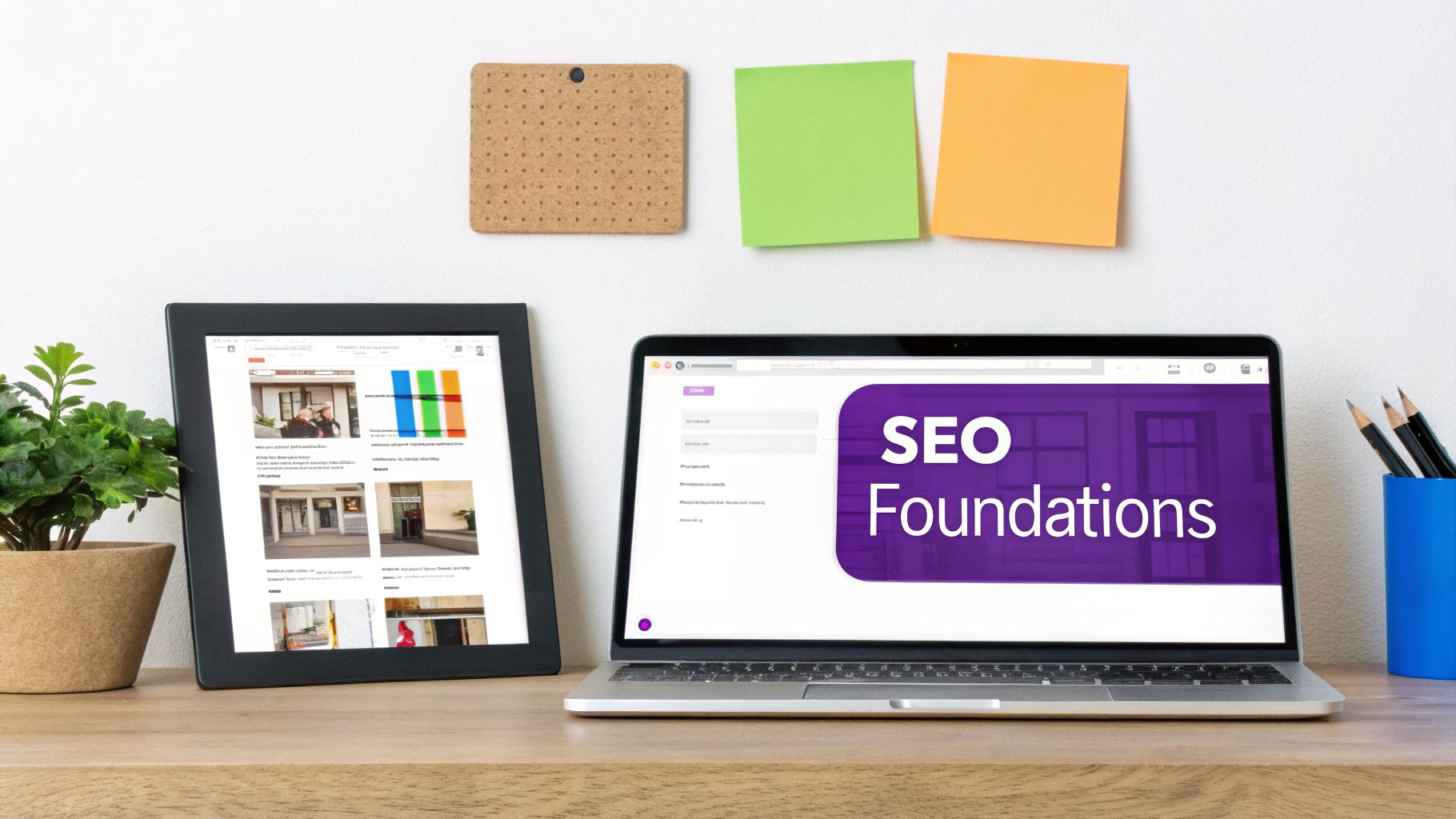 A professional desk with a laptop showing "SEO Foundations" and a tablet, ready for work or study.