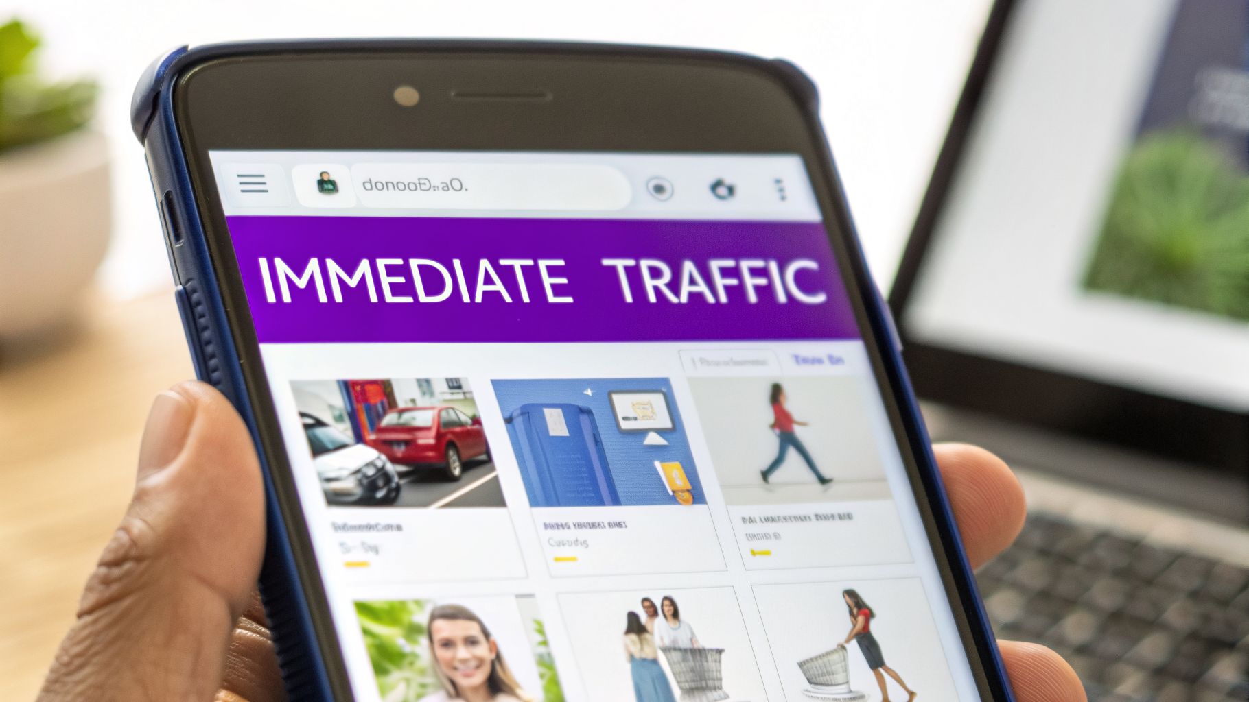 A person holds a smartphone displaying a webpage with 'IMMEDIATE TRAFFIC' and various images.