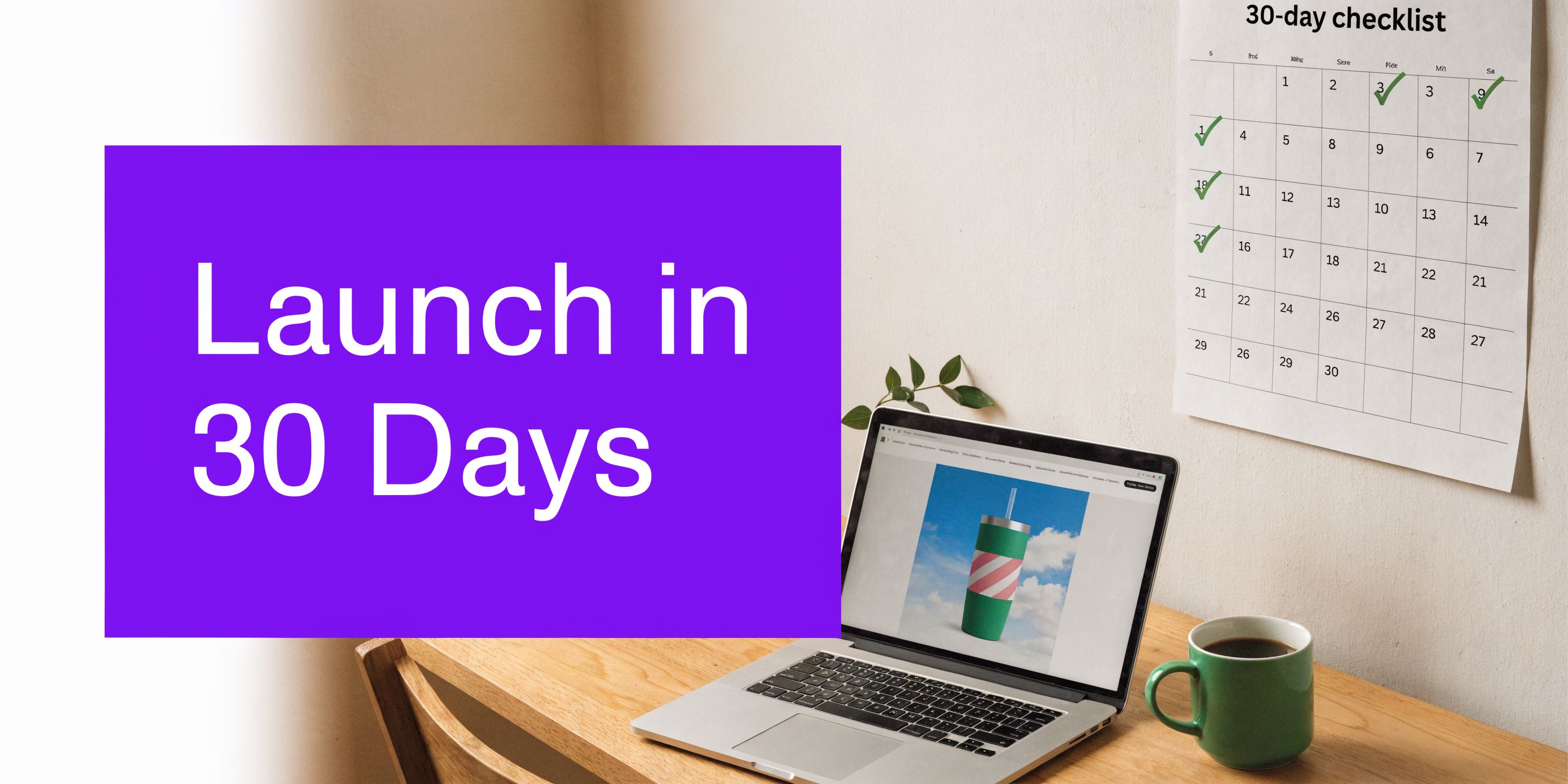 A workspace with a laptop displaying a cup and a checklist calendar on the wall marked Launch in 30 Days.