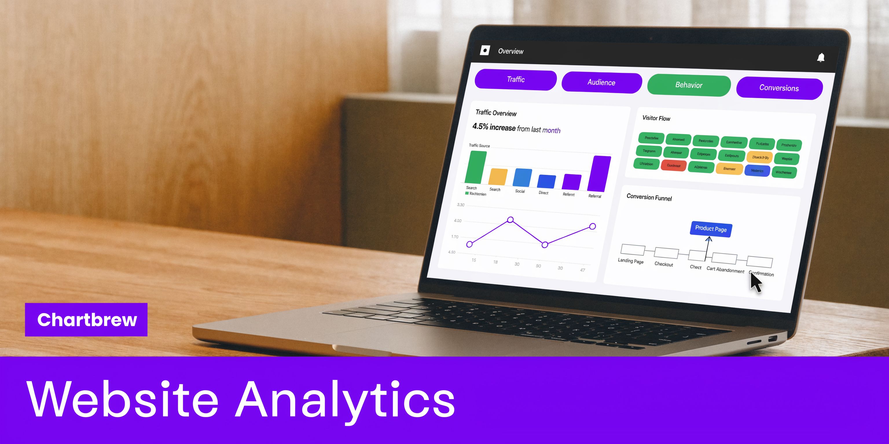 A laptop screen showing a Chartbrew analytics dashboard with traffic, visitor flow, and conversion funnel data visualization.