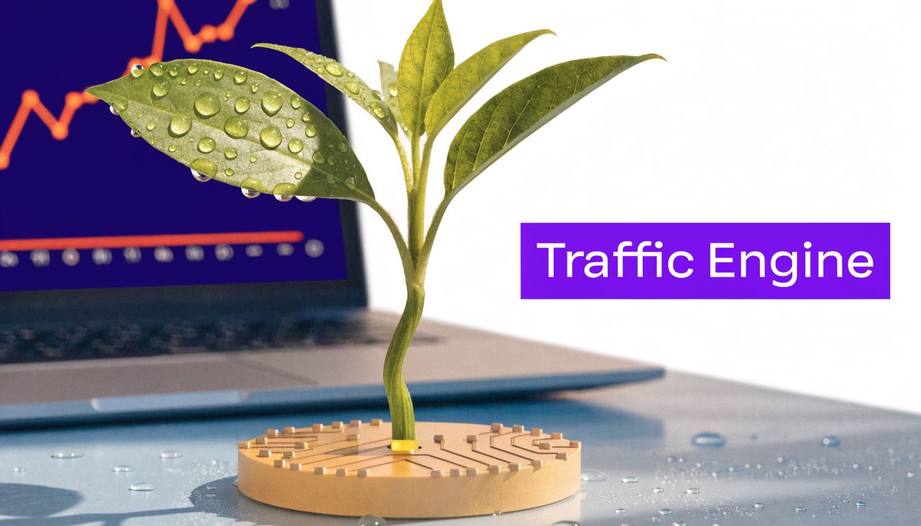A green plant sprouting from a circuit board base in front of a laptop showing financial graphs.