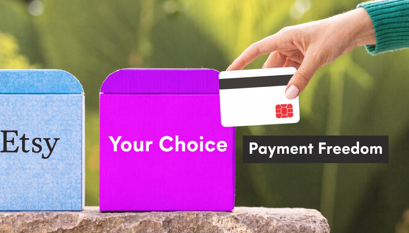 A hand holding a credit card above a purple box labeled Your Choice next to an Etsy box.