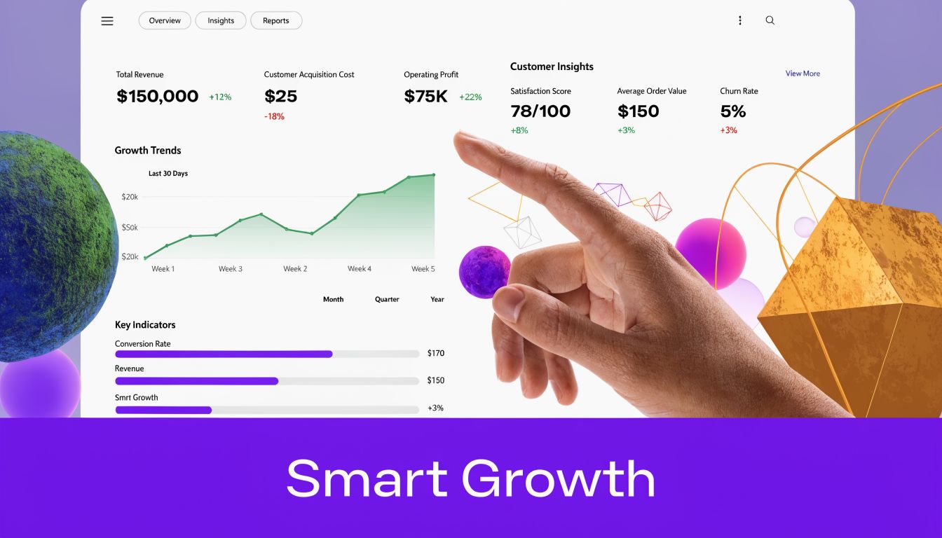 A digital dashboard showing e-commerce analytics, growth trends, and business performance metrics being interacted with by a hand.