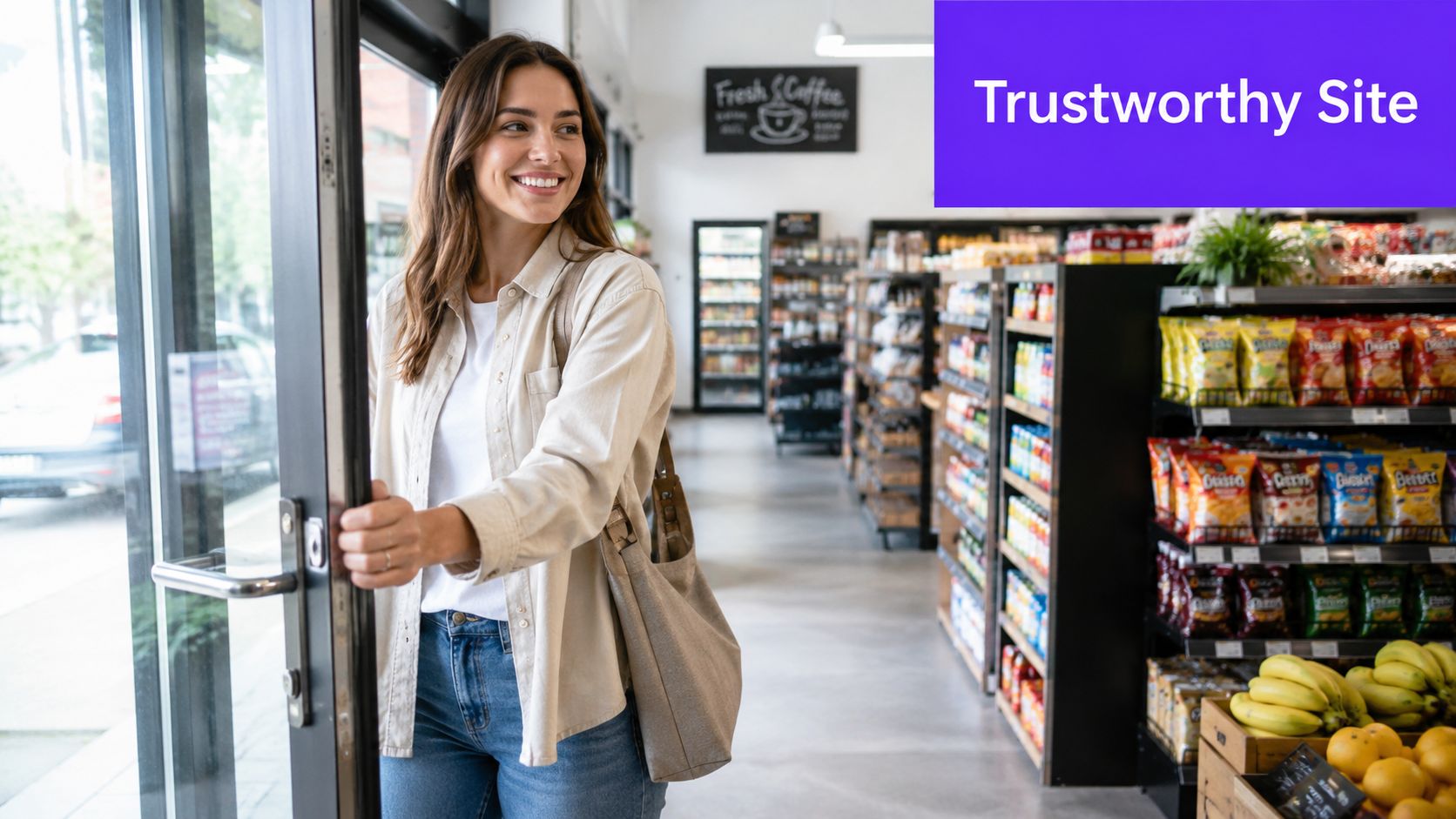 A smiling young woman opens the glass door of a modern convenience store while holding a bag.