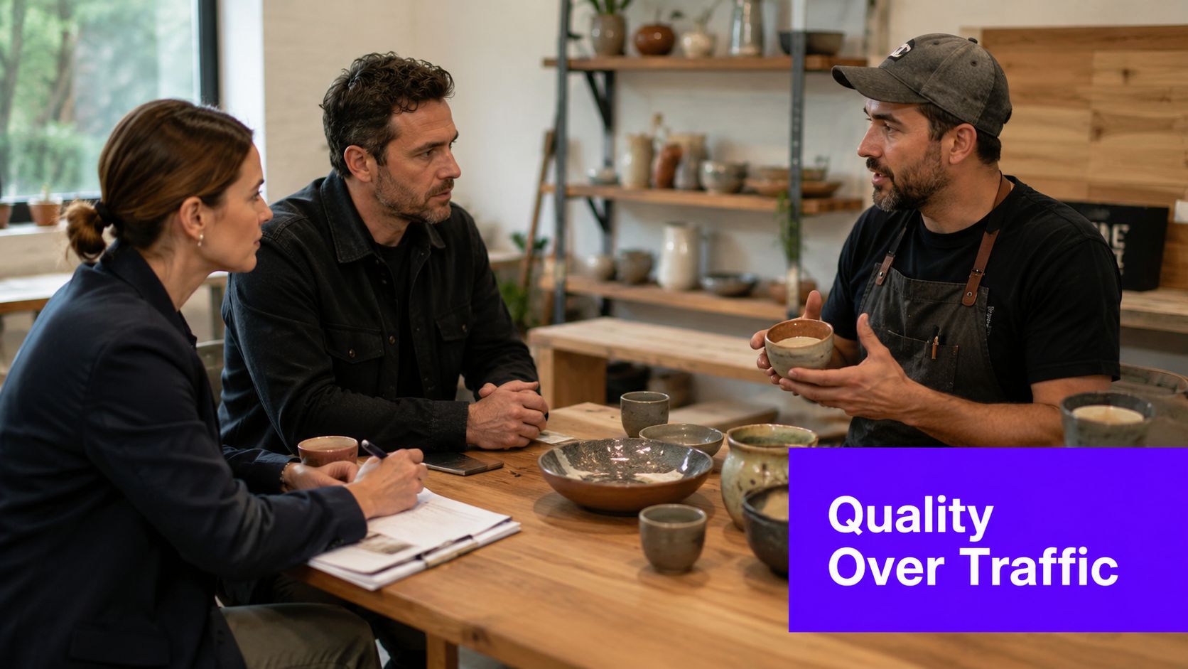 Three business professionals discuss quality craftsmanship while sitting around a wooden table in a studio.