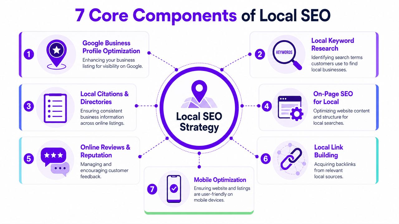 An infographic titled 7 Core Components of Local SEO featuring seven key strategies for businesses.
