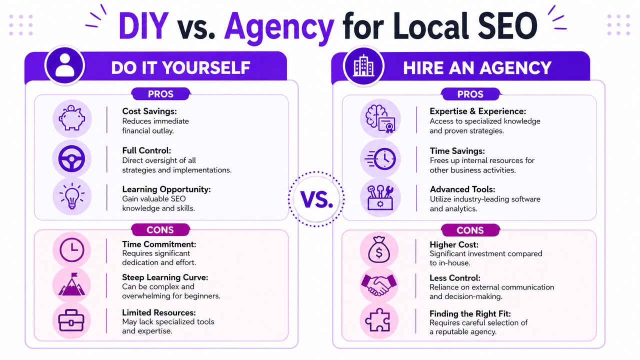 A comparison chart showing the pros and cons of DIY versus hiring an agency for local SEO.
