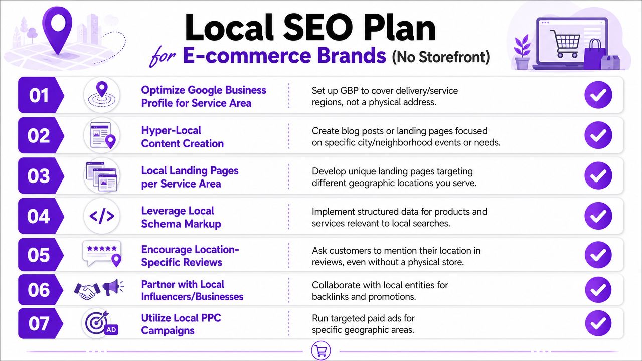 A 7-step infographic outlining local SEO strategies for e-commerce brands without a physical storefront location.