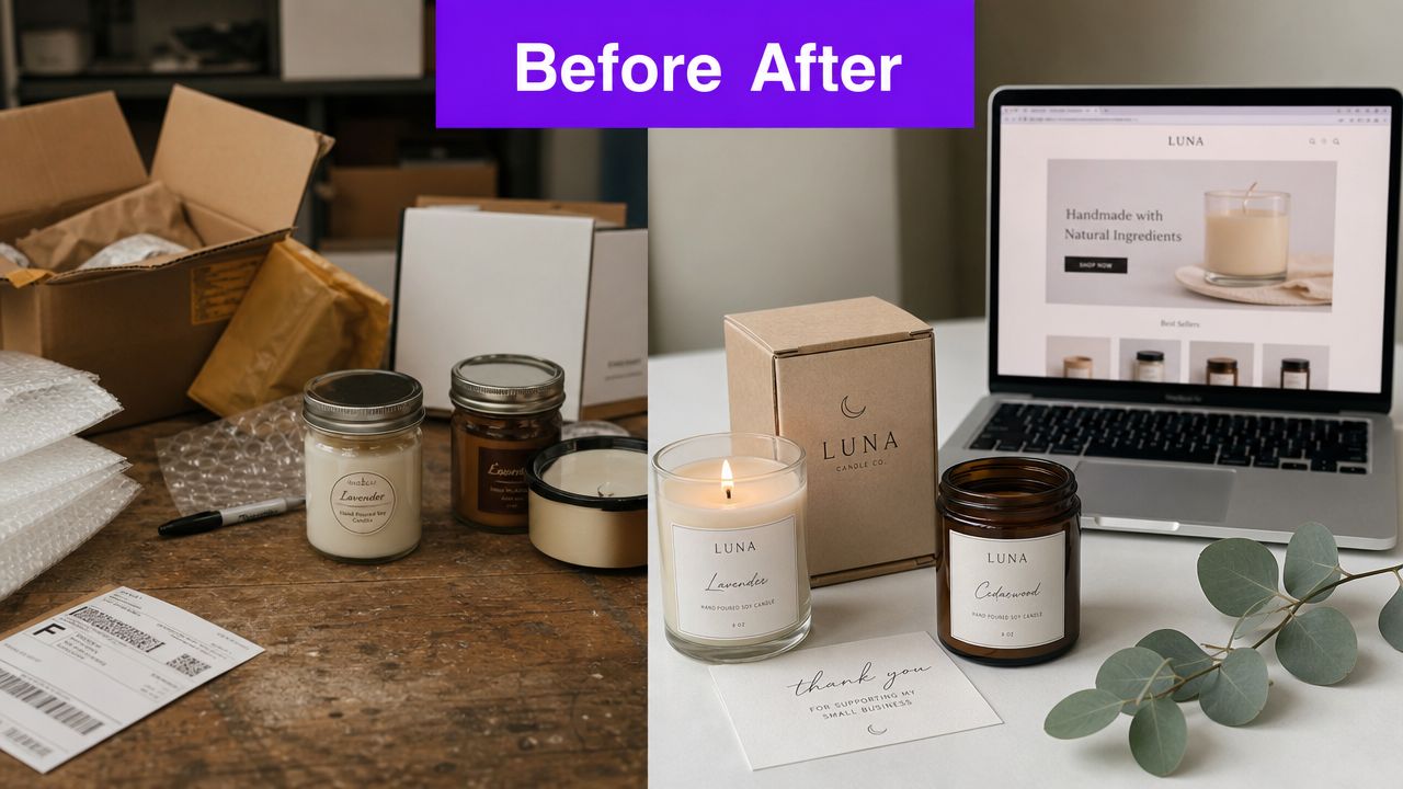 A side-by-side comparison showing a messy packing area versus a professional product photography setup for candles.