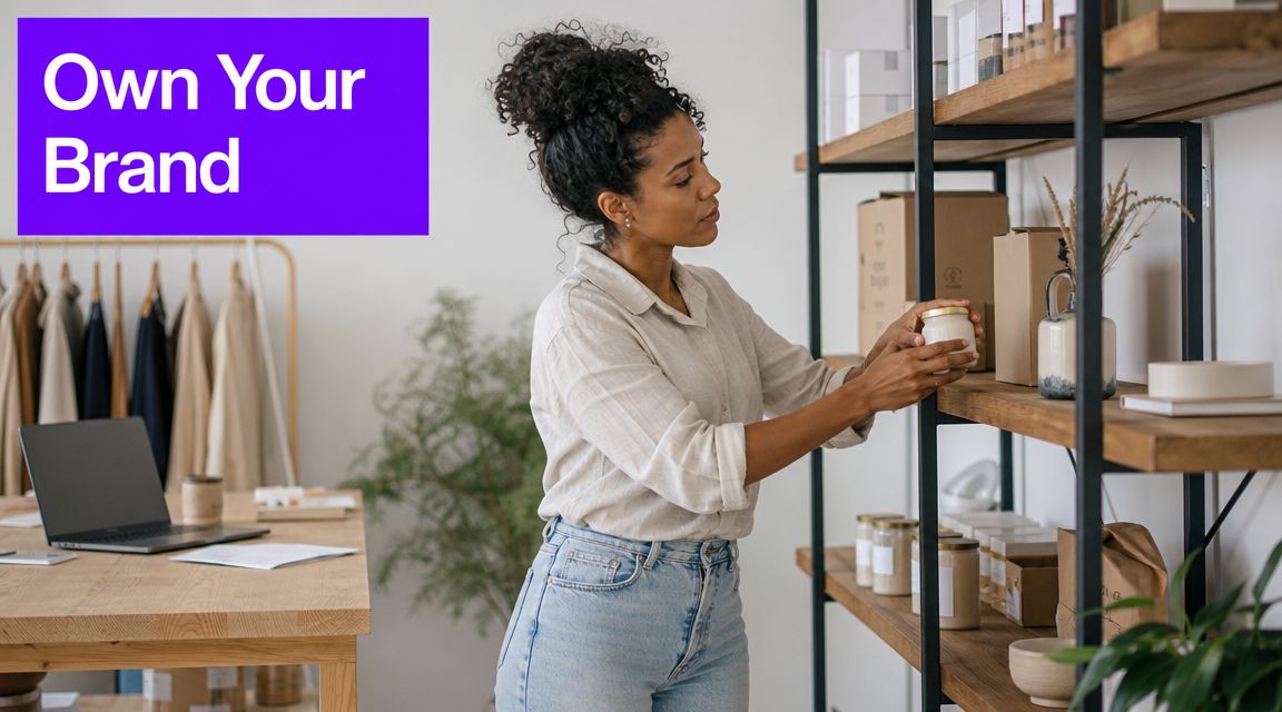 A businesswoman organizing products on shelves in a workspace with a laptop and clothing rack nearby.