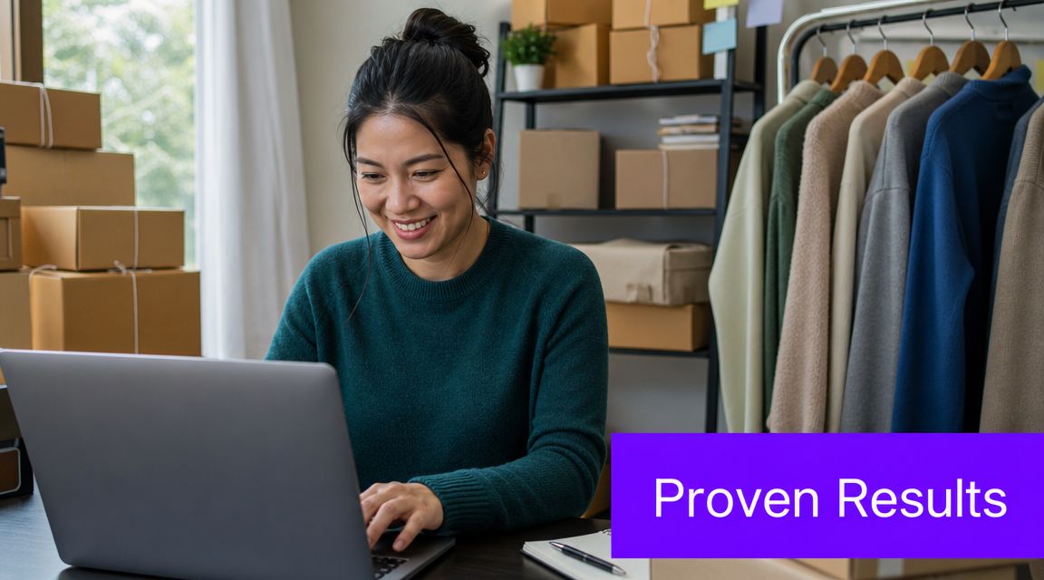 An Asian woman smiling while working on her laptop in an office filled with shipping boxes.