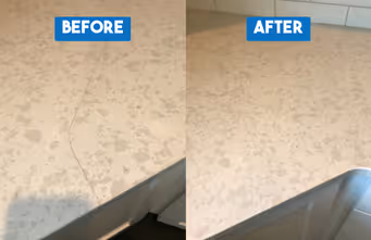 Before and after images showing cracked countertop repaired with smooth surface.