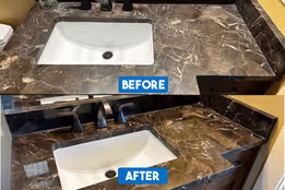 Before and after images of a bathroom sink countertop replaced with a clean, matching marble surface.