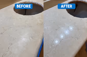 Comparison of beige stone surface showing a large chip before and smooth repair after.