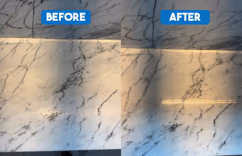 Side-by-side before and after photos showing a cleaner marble surface with fewer dark stains in the after image.