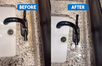 Before and after comparison of a sink area with a shorter faucet replaced by a taller black faucet.