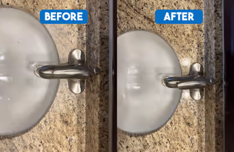 Side-by-side of a sink faucet before and after cleaning, showing the right side shinier and cleaner.