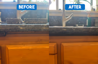 Kitchen sink area before and after cleaning shows a cleaner faucet and countertop in the after image.
