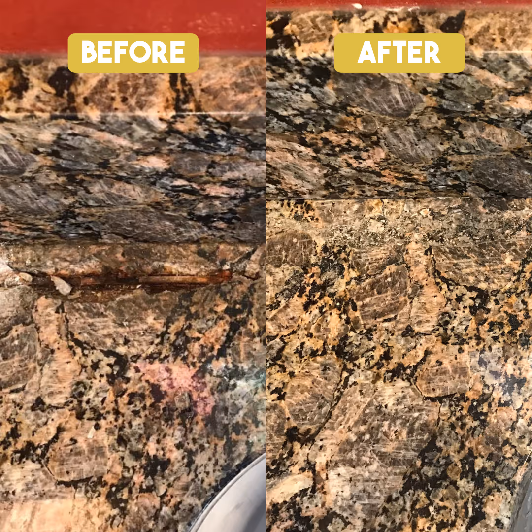 Before and after photo showing granite countertop with a crack repaired and no damage visible after.