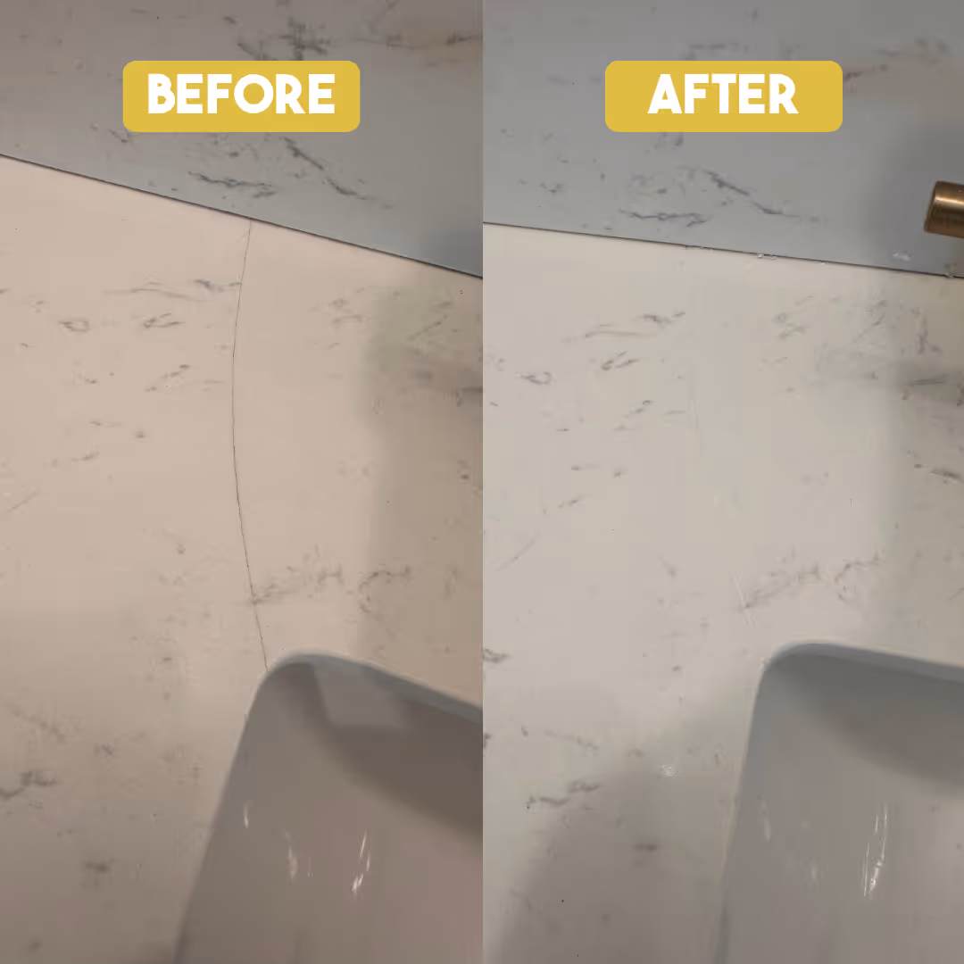 Before and after images of a quartz countertop corner showing a repaired crack in the stone surface.
