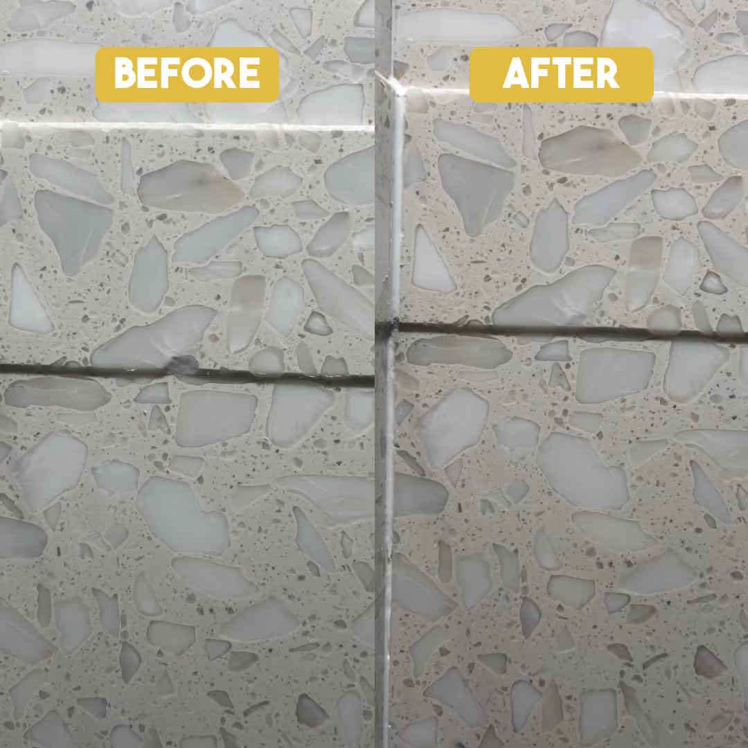 Side-by-side quartz surface close-up showing chip damage before and smooth repair after.