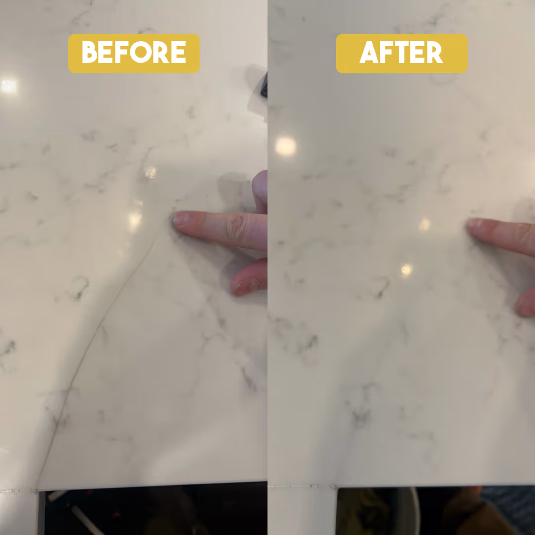 Before and after photos showing repair of a crack on a white quartz countertop with finger pointing.
