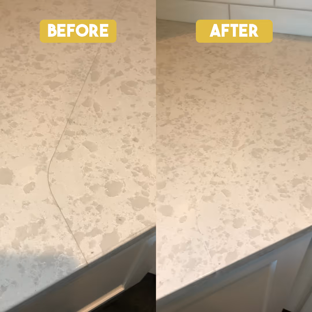 Side-by-side quartz countertop close-ups showing a visible seam before and a nearly invisible seam after repair.