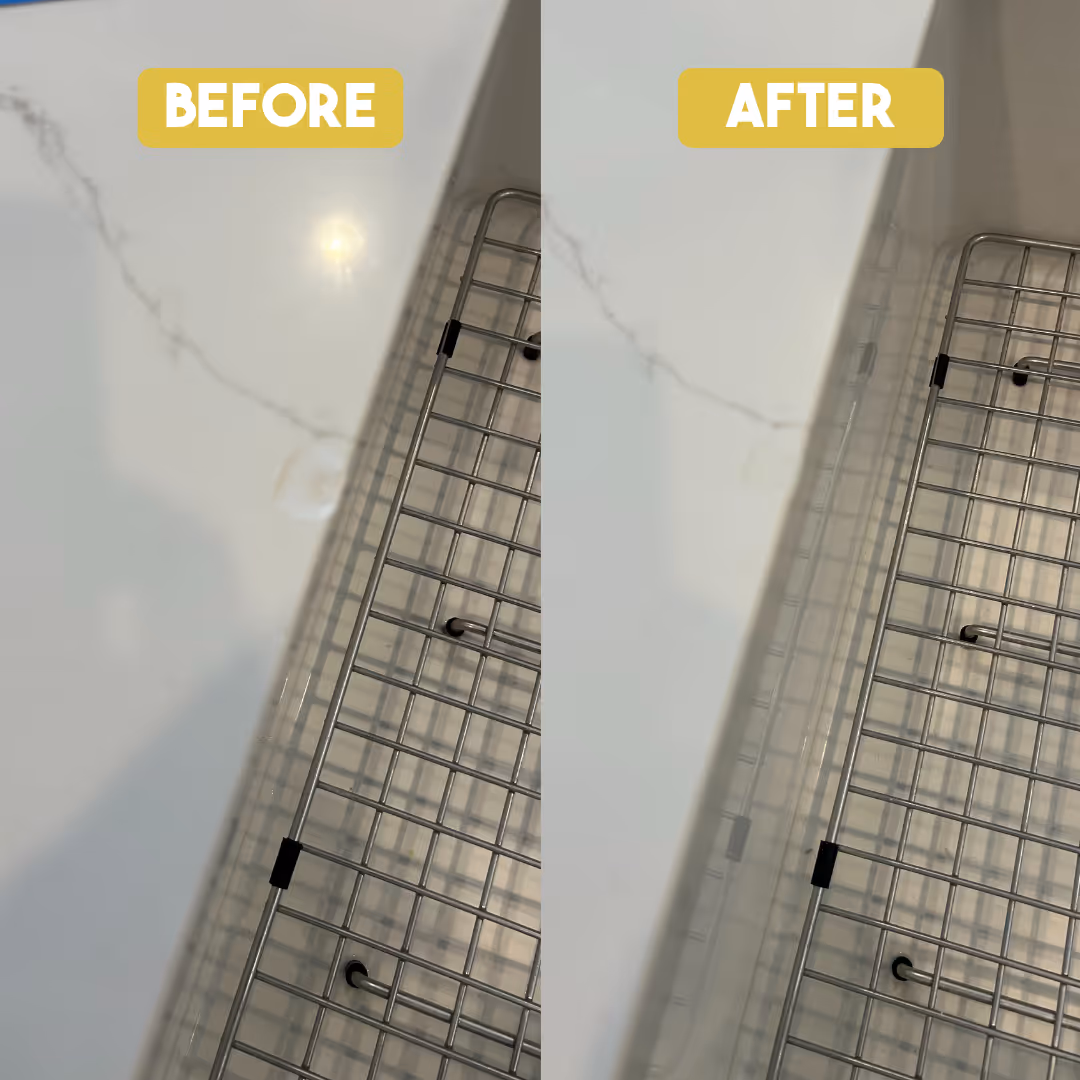 Before and after comparison of a quartz countertop with a chip repair near a metal rack.