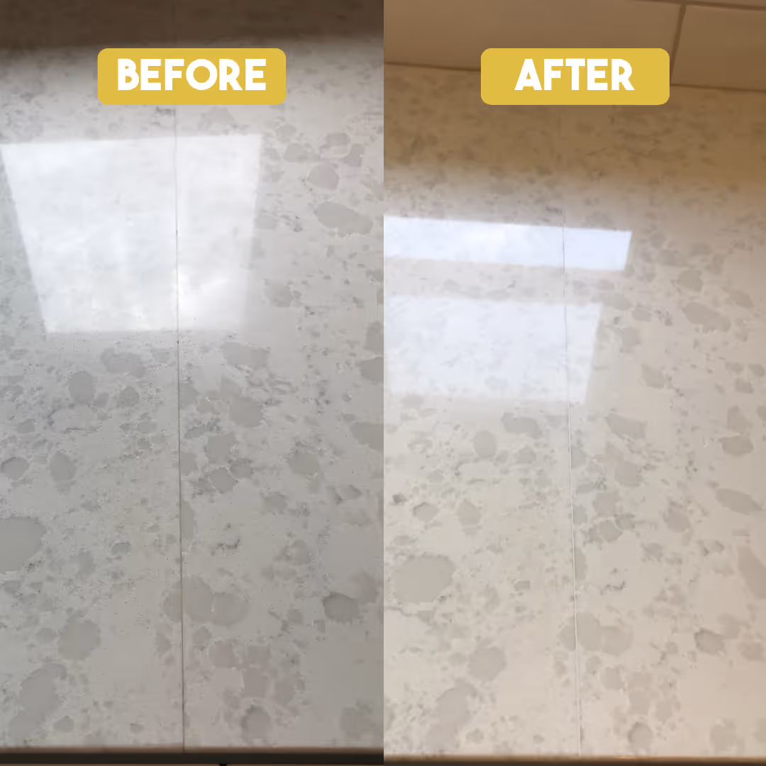 Side-by-side quartz countertop before and after cleaning, showing a glossier finish after.