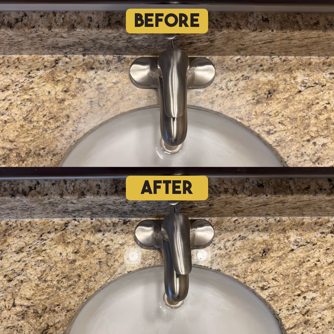 Before and after photos of a granite bathroom countertop and sink with a metal faucet.