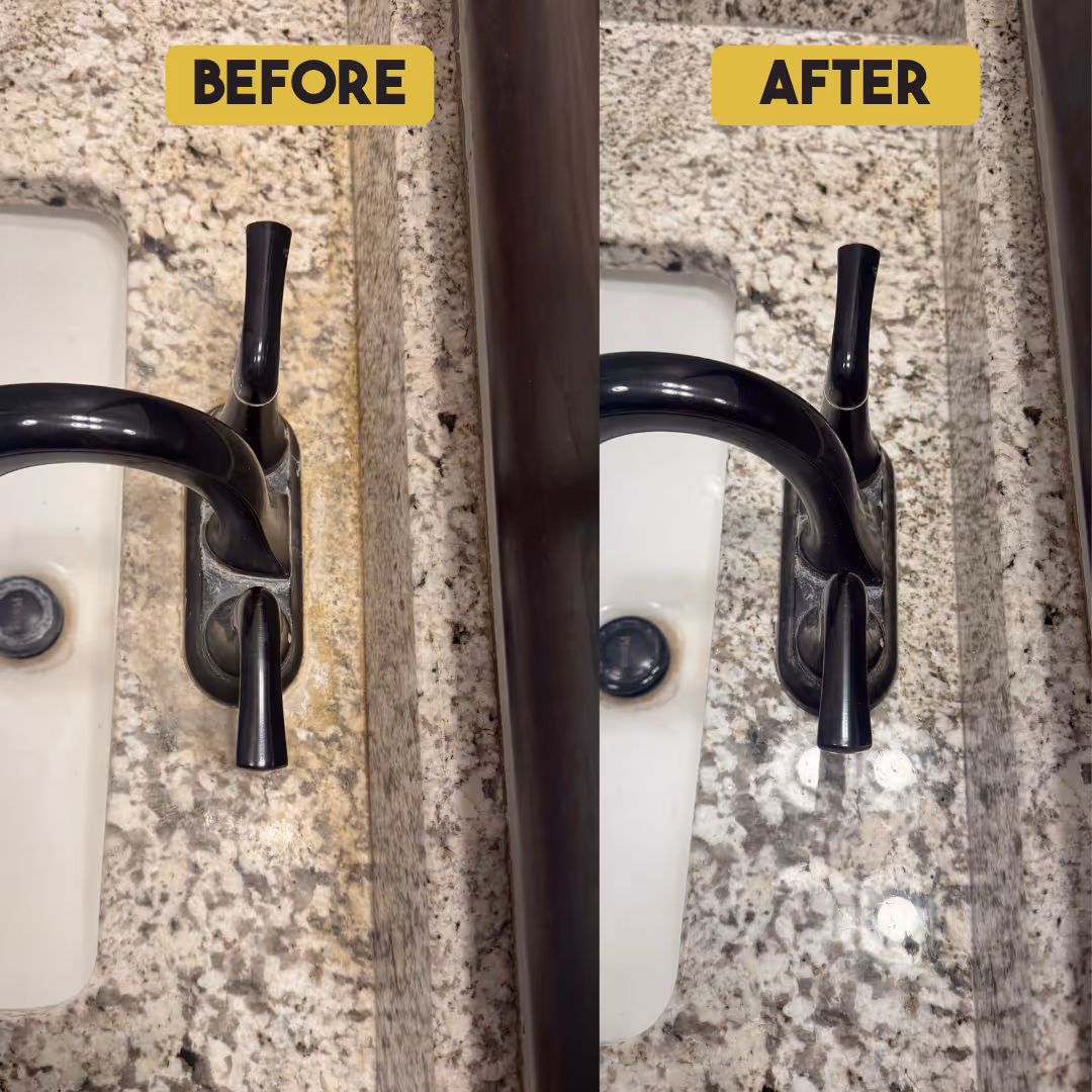 Before and after images of a granite sink countertop cleaned to remove stains and grime.