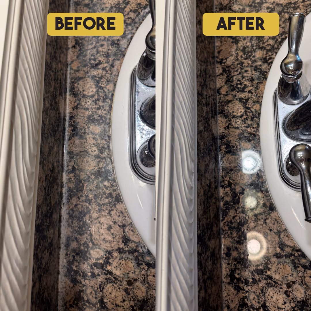 Before and after photos showing a granite countertop cleaned and polished near a sink.