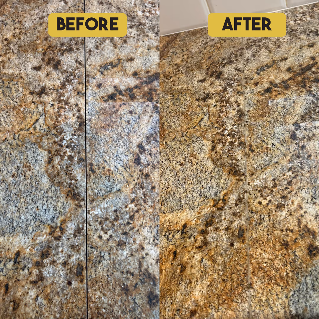 Before and after photo showing a granite surface cleaned to remove dullness and stains.