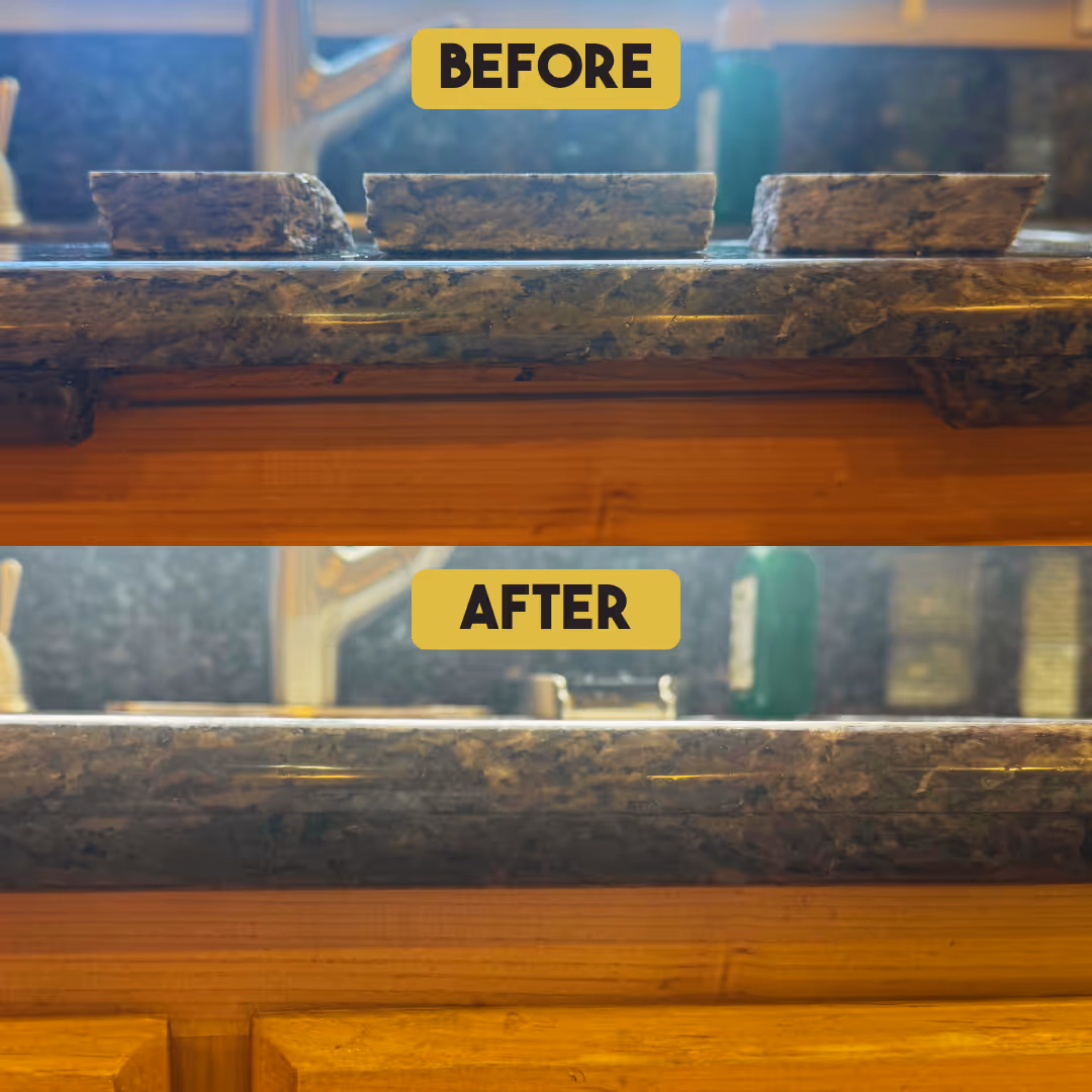 Before and after image of a broken granite countertop fixed to a smooth, solid piece.