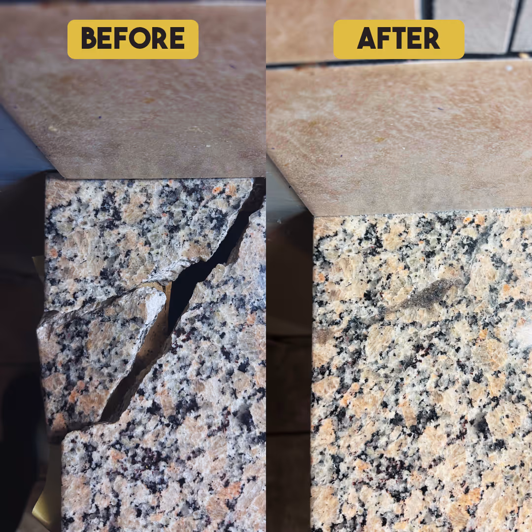 Before and after images of a granite countertop showing a large crack repaired and restored smoothly.